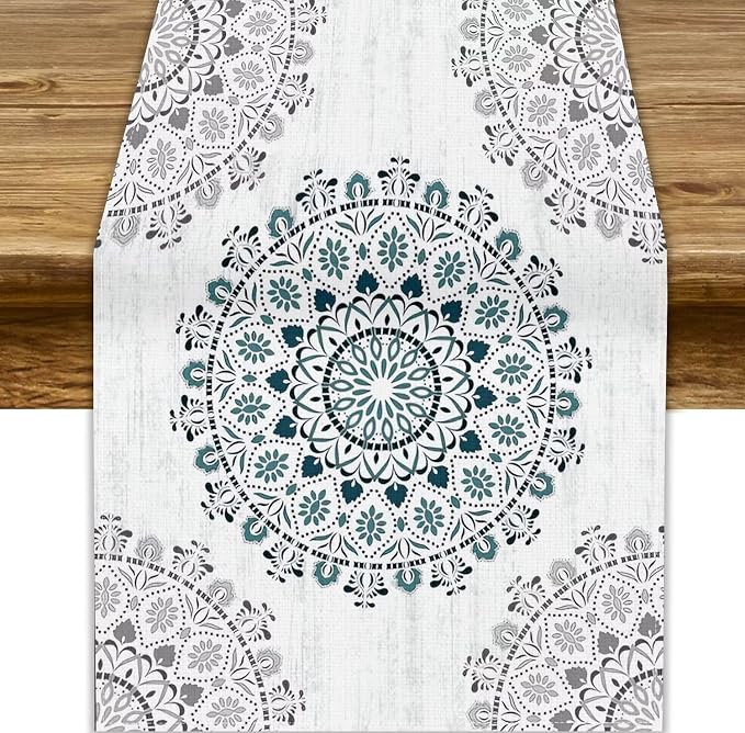 Boho Flower Table Runner, Bohemian Turquoise Mandala White Teal Floral Kitchen by JanJCurt