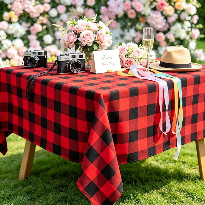 ShinyBeauty Square Tablecloth 60x60 Red Black Buffalo Plaid Cotton Cover | - Image 5