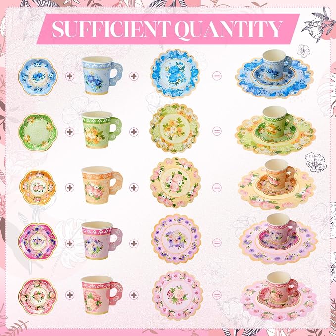 Nuogo 300 Pcs Vintage Floral Disposable Tea Party Set - Image 4