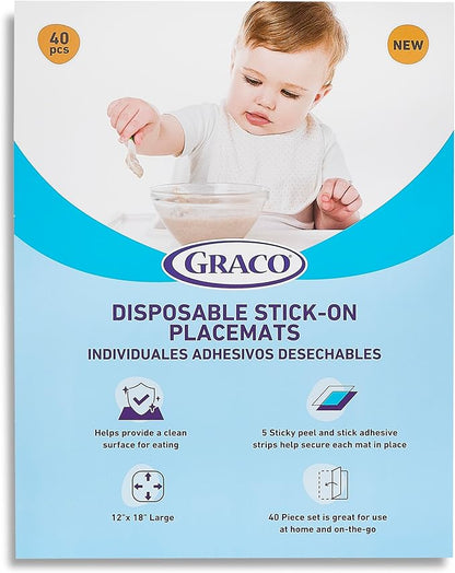 Graco Baby Disposable Stick-On Placemats, 40 Sheets with Assorted Designs, 12" x 18", Adhesive Table Mats for Mealtime, Home & Restaurant Use, Eco-Friendly
