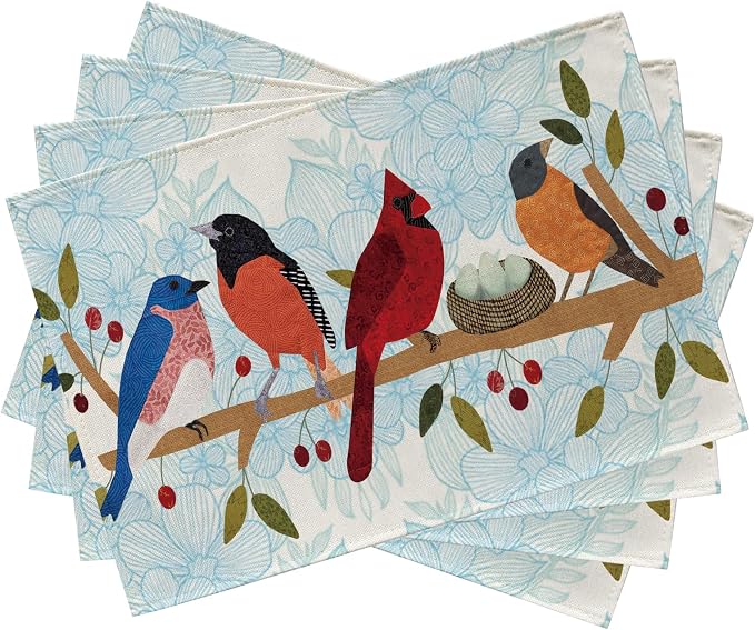 Seliem Spring Summer Birds Placemats Set of 4, Cardinal Bluebird Bullfinch | by Seliem