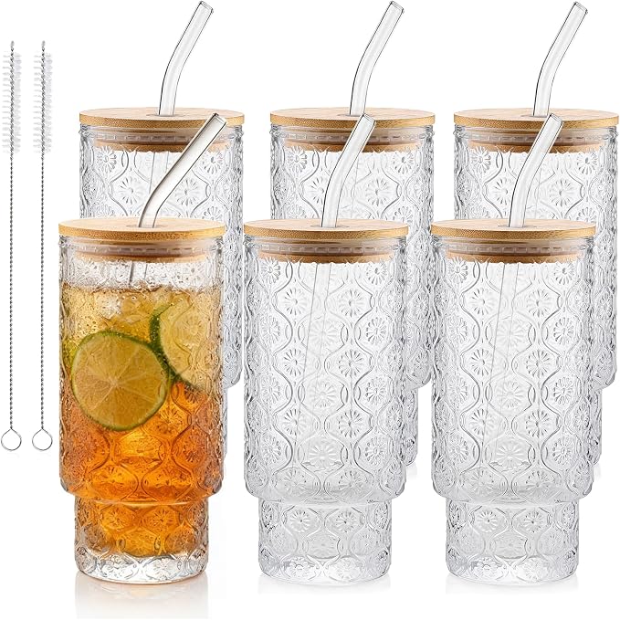 Vintage Glass Cups With Bamboo Lids And Straws 16 Oz, Vintage Tumbler Embossed by Elitrivox