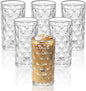 Vintage Diamond-Pattern Drinking Glasses Set of 6 – 14 oz Clear Highball Glass Cups – Embossed Retro Glassware for Water, Cocktails, Juice, Milk – Durable Thick Glass, Dishwasher Safe