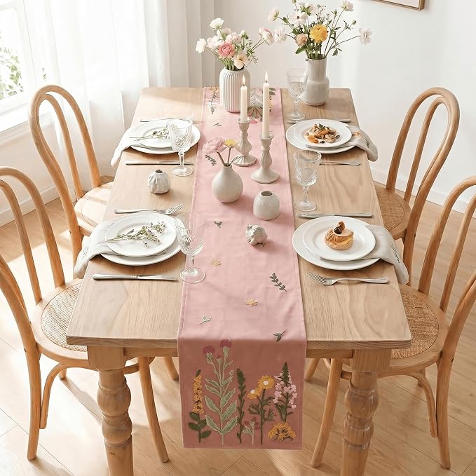 Artoid Mode Pink Soft Chain Embroidery Wild Floral Spring Table Runner - Image 6