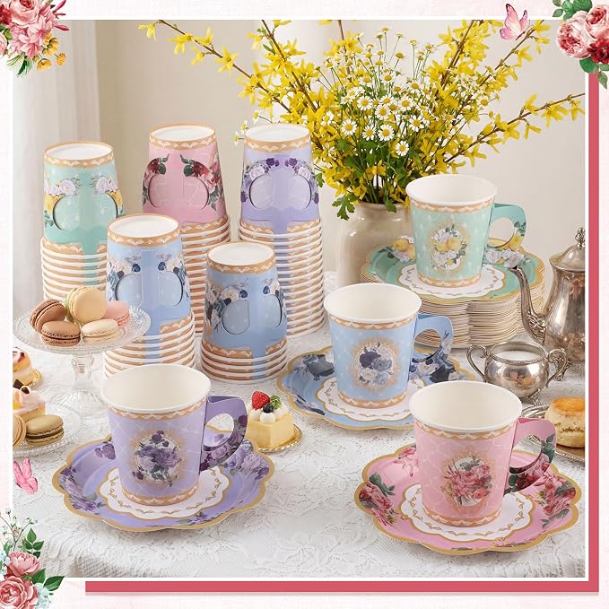 NatNarr 128 Pcs Disposable Paper Tea Cups, 7 OZ Floral Tea Party Cups | - Image 4
