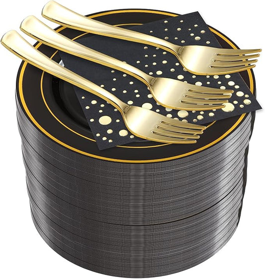 Stylish 7.5 Inch Gold and Black Cake Plates with Disposable Forks and Cocktail Napkins (100 Set of Each) - Small Appetizer Plates, Disposable Cake Plates or Salad Plate - Black Plastic Dessert Plates