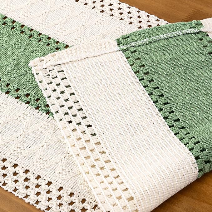 MLMC Ivory & Sage Boho Table Runner Macrame Woven Table Runner 12x36 Inch | - Image 5