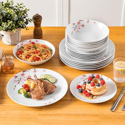VEWEET 18 Pieces Dinnerware Sets for 6, Porcelain Plates and Bowls Set with Pink Floral, Classic Dishes Set Dining Ware for Dinner, Microwave and Dishwasher Safe, Series ANNIE
