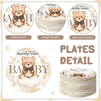 60 Pcs Bear Baby Shower Decorations 7 Inch Brown Bear Paper Plates We Can Wait Party Supplies Gender Reveal Plates for Brown Baby Shower Birthday Party