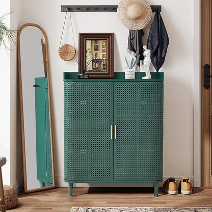 ORRD Shoe Cabinet, 5 Tier Boho Wooden Shoe Storage Organizer Cabinet with Adjustable Shelves, Shoes Rack with Iron Rattan Curved Doors Accent Cabinet for Entryway Hallway Living Room, Green