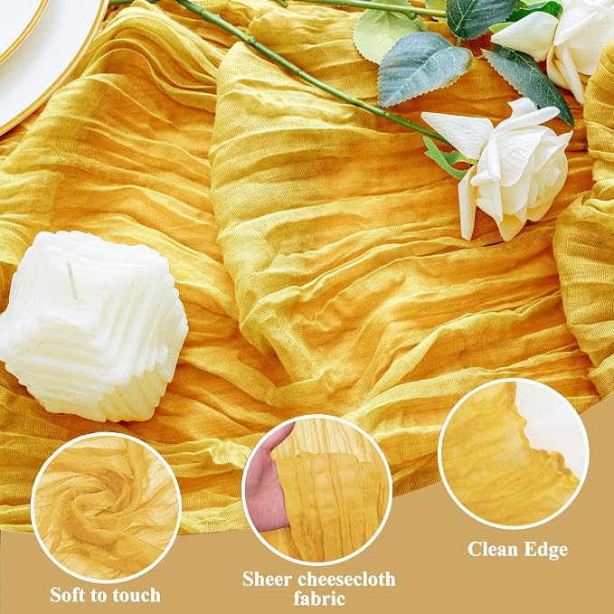 Cheesecloth Table Runner 10FT 6Pcs Gold Boho Gauze Rustic Sheer Runners | - Image 3