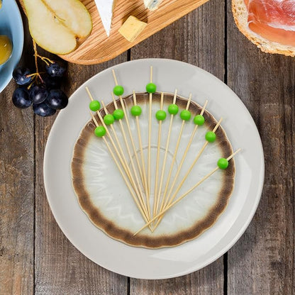 Minisland Grass Green Pearl Cocktail Picks, 4.7 Inch Long Bamboo Fancy Toothpicks for Appetizers, Decorative Spring Summer Holiday Party Food Drink Garnish Fruit Kabob Skewer Sticks 100 Counts -MSL453