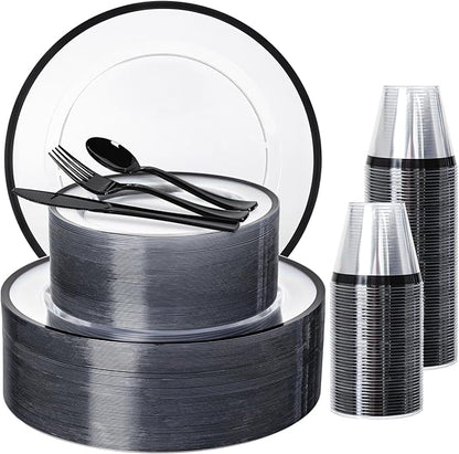 N9R 600PCS Clear and Black Disposable Plates Set, Heavy Duty Plastic Dinnerware Set for 100 Guests Includes 100 Dinner & Dessert Plates, Cups, Spoons, Forks, and Knives, Perfect for Parties, Weddings