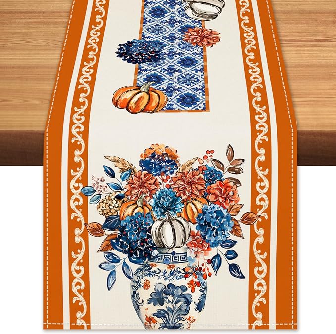 Fall Floral Chinoiserie Pumpkin Table Runner Rustic Burlap Table Runners by BEAUTYROMANCEFORYOURLIFE