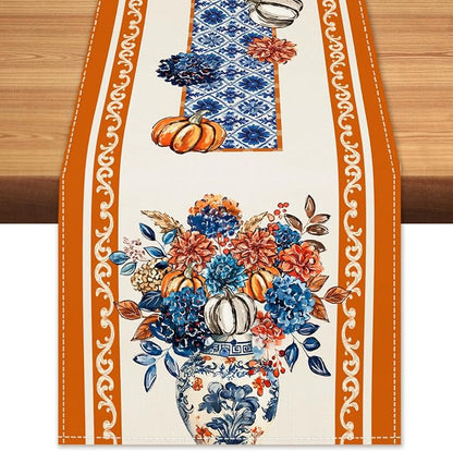Fall Floral Chinoiserie Pumpkin Table Runner Rustic Burlap Table Runners by BEAUTYROMANCEFORYOURLIFE