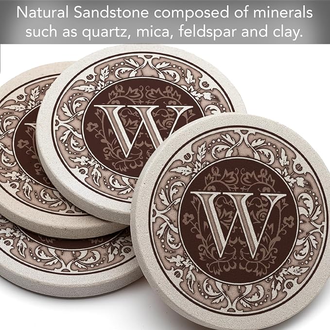 Thirstystone Monogram Round Natural Sandstone Coaster 4 Pack | 4" Diameter - Image 5