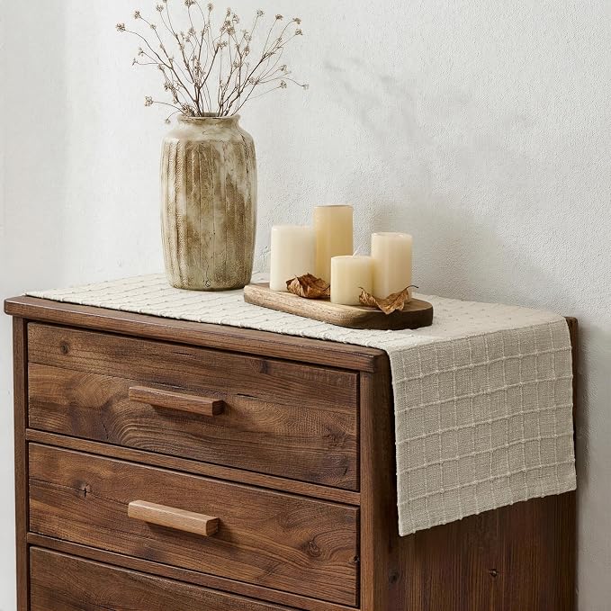 Artisanal Grid Linen Table Runner, 13x90 Inches Neutral Beige | Heavy Textured - Image 3