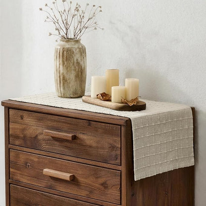Artisanal Grid Linen Table Runner, 13x90 Inches Neutral Beige | Heavy Textured - Image 3
