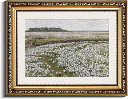 InSimSea Retro Gold Framed Wall Art, Home Room White Flowers Grassland Vintage Wall Decor, Canvas Print Artwork, Farmhouse Country Decor, Antique Picture Frame Floral Paintings, 11x14 Inch