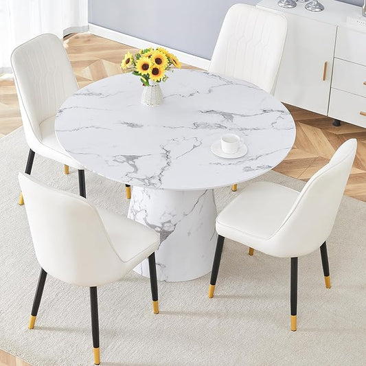 Round Dining Table Set for 4, 45" Modern Faux Marble Kitchen Table and Upholstered Chairs, 5 Piece Small Circle Dinette Set for Dining Room, Kitchen (White)