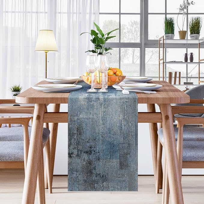 Emvency Table Runner, 13x72 Inch, Farmhouse Abstract Denim | Blue Art Painting - Image 4
