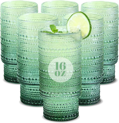 Large Capacity 16 oz Hobnail Drinking Glasses Set of 6, Vintage Glassware by Cowjut