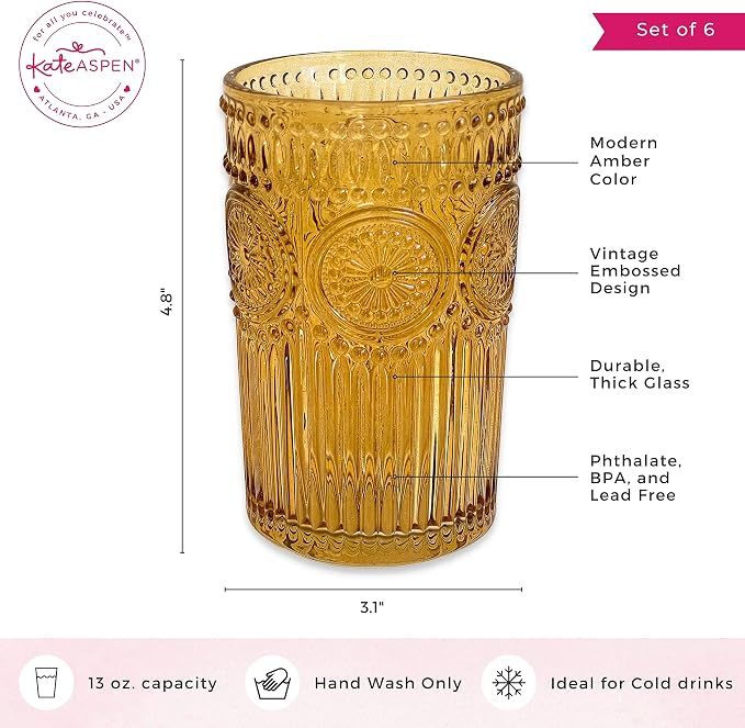 Kate Aspen Vintage Textured Amber Striped Drinking Glasses Set of 6-13 oz - Image 6