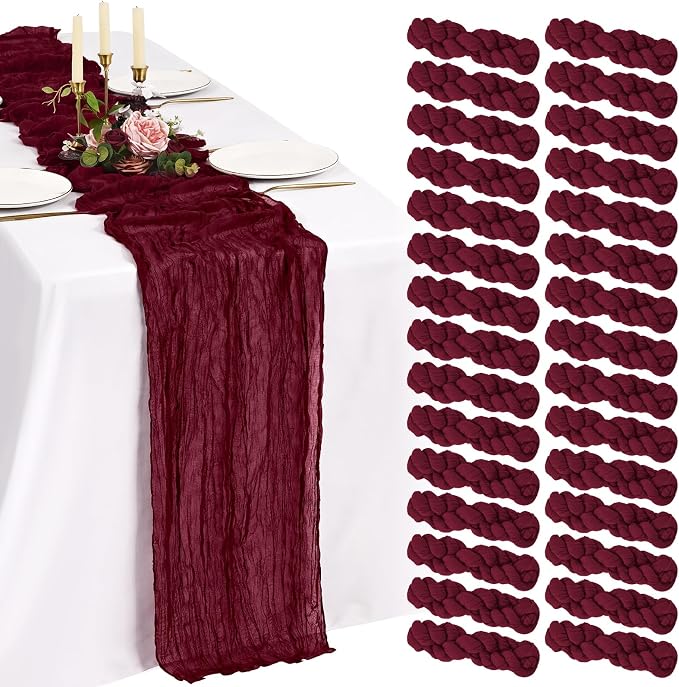30 Pack Cheesecloth Table Runner 10FT Burgundy Red Table Runner Boho Gauze by Showgeous