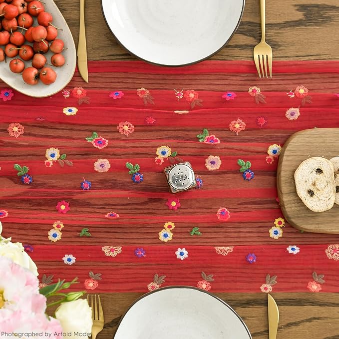 Artoid Mode Red Embroidery Daisy Gauze Table Runner 120 Inch 10FT | Seasonal - Image 4