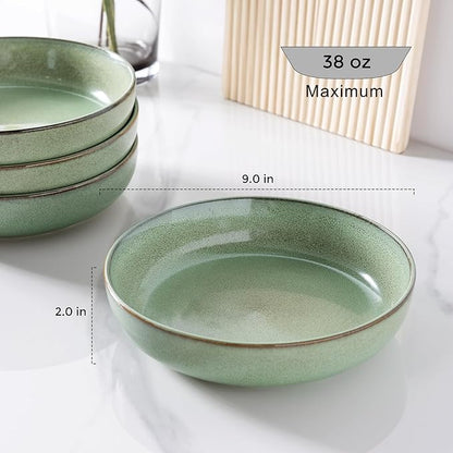 GBHOME 8.75'' Large Ceramic Pasta Bowls, 38oz Stoneware Pasta Serving Bowls Set of 4 for Kitchen, Wide Bowls for Fruit,Pasta,Salad,Oatmeal,Meal, Microwave Safe, Reactive Glaze-Pastel Green