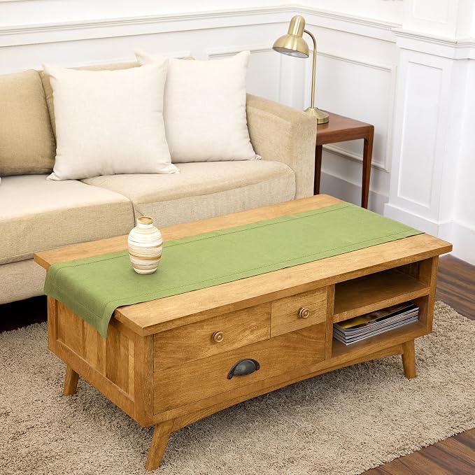 Solino Home 100% Pure Linen Table Runner Moss Green Hemstitch, 14 x 60 in | by SolinoHome