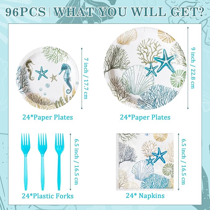 96Pcs Ocean Seashell Coastal Beach Starfish Coral Party Plates Supplies - Image 2