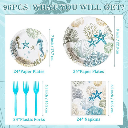 96Pcs Ocean Seashell Coastal Beach Starfish Coral Party Plates Supplies - Image 2