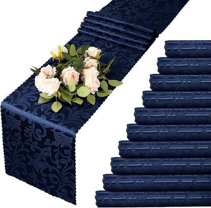 MILVOWOC 12 Pack Navy Blue Satin Table Runner, 12 x 72 Inch | Jacquard Damask by MILVOWOC