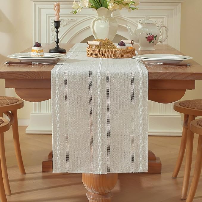 Beige Boho Cotton Linen Table Runner, Farmhouse Woven Table Runners Spring - Image 5