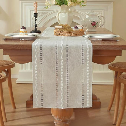 Boho Cotton Linen Beige Table Runner, Ivory Farmhouse Woven Table Runners - Image 4