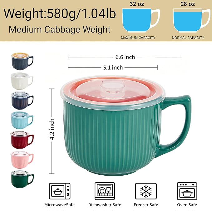 Ceramic Soup Bowl with Handle & Lid, Large 32oz Microwave Ramen Bowl Green | - Image 2