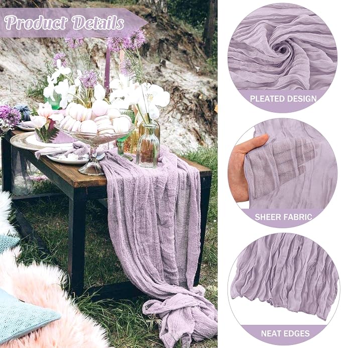 6 Pieces Lilac 10FT Cheesecloth Table Runner Boho Gauze Fabric Table Runner - Image 2