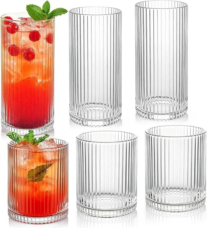 Ribbed Drinking Glasses 6pcs, 12oz and 10oz Glassware, Tumbler Glasses Cup Set by Lumkit