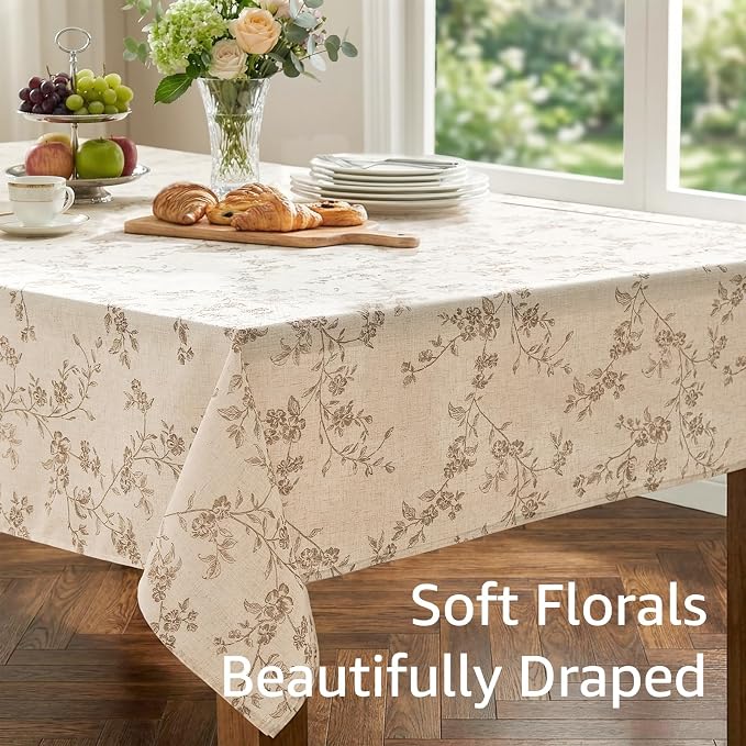 jinchan Taupe Farmhouse Floral Linen Rectangle Table Cloth 52 x 70 Inch | - Image 6