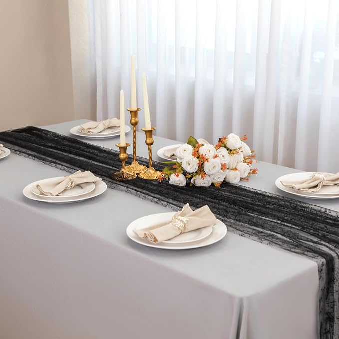 Snowkingdom Black Table Runner, 10FT Sheer Tulle Gauze Metallic Mesh Foil Table - Image 3