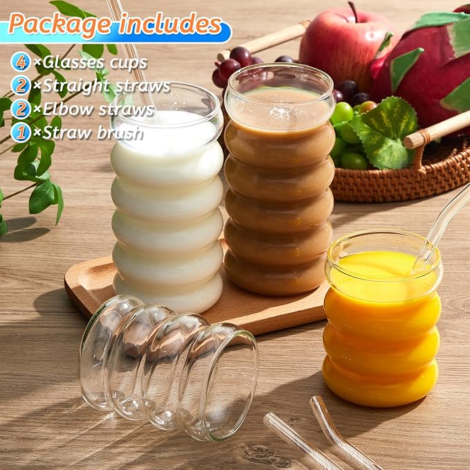 Tessco for you 4 Pcs Creative Glass Cups Vintage Drinking Glasses Ribbed - Image 3
