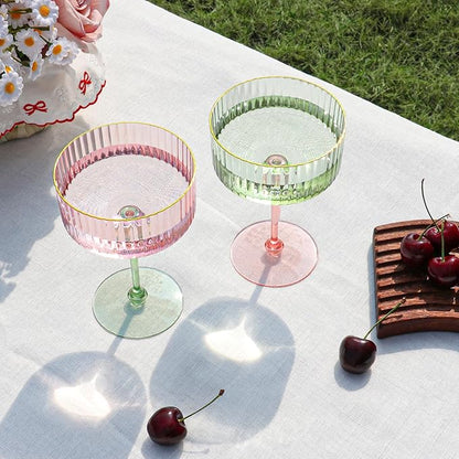 XUWAIDSGN 12 Pcs Champagne Martini Glasses 9 Oz with Gilded Removable Gold Rim Coupe Glasses Pink Martini Glasses Plastic Mimosa Vintage Coupe Glasses Set For Wedding Anniversary (12, Pink & Green)