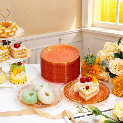 Rubtlamp 100 Pcs Clear Orange Gold Plastic Plates, Hammered Orange Party Plates,Heavy duty Dessert Plates,Disposable Salad/Dessert Platos,Clear Gold Plastic Platos 7 Inch For Thanksgiving,Halloween