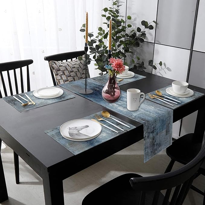 Table Runner and Placemats Set of 6, Vintage Blue Gray Art | Abstract Farmhouse - Image 8