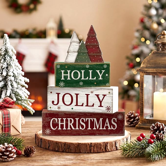 Moucuny 4 Pcs Christmas Table Decorations Rustic Christmas Tree Stacked Wooden - Image 2