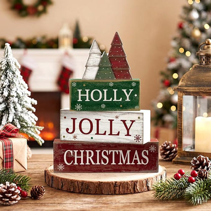 Moucuny 4 Pcs Christmas Table Decorations Rustic Christmas Tree Stacked Wooden - Image 2