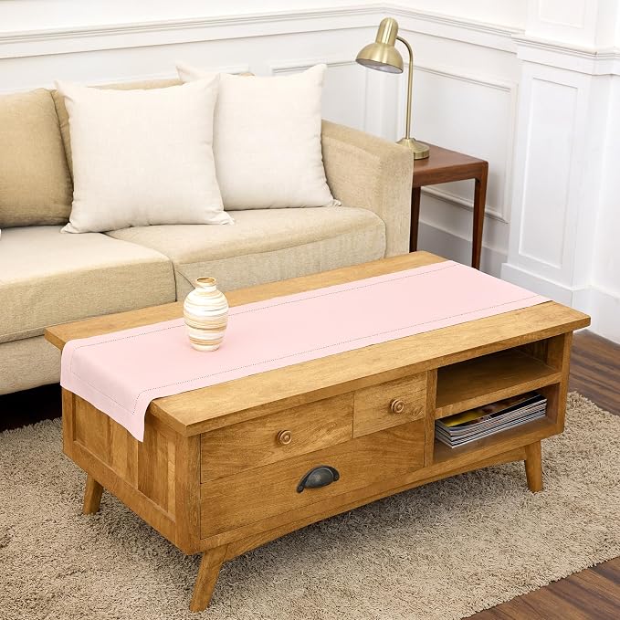 Solino Home 100% Pure Linen Table Runner Pink, Classic Hemstitch 14 x 60 in | by SolinoHome