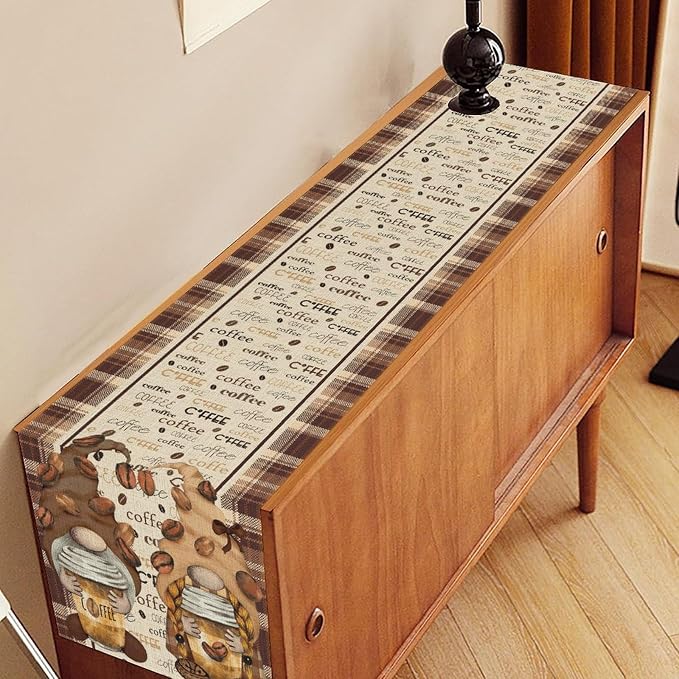 Coffee Time Table Runner, Farmhouse Retro Brown Plaid Gnomes Cafe Cup Theme - Image 2