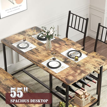 Dining Table for 4, Kitchen Table Set for 4 With 2 Chairs and Bench, Dining Room Table Set with Built in Wine Rack & Wine Glasses Holder, Storage Shelves for Small Space, Kitchen, Rustic Brown